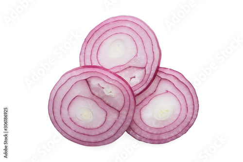 sliced red onion on white background, isolated. top view