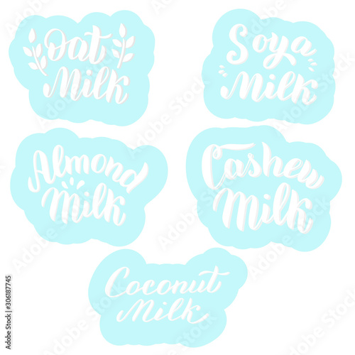 Vegan milk set of package design for almond, cashew, soya, oat, coconut milk.Trendy lettering text font. Packaging, sticker, banner, logo isolated on white background. Vector eps 10.
