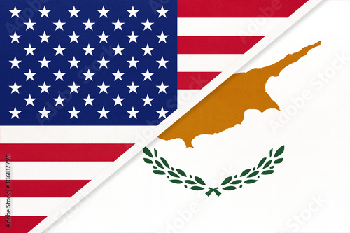 USA vs Cyprus national flag from textile. Relationship between american and european countries.