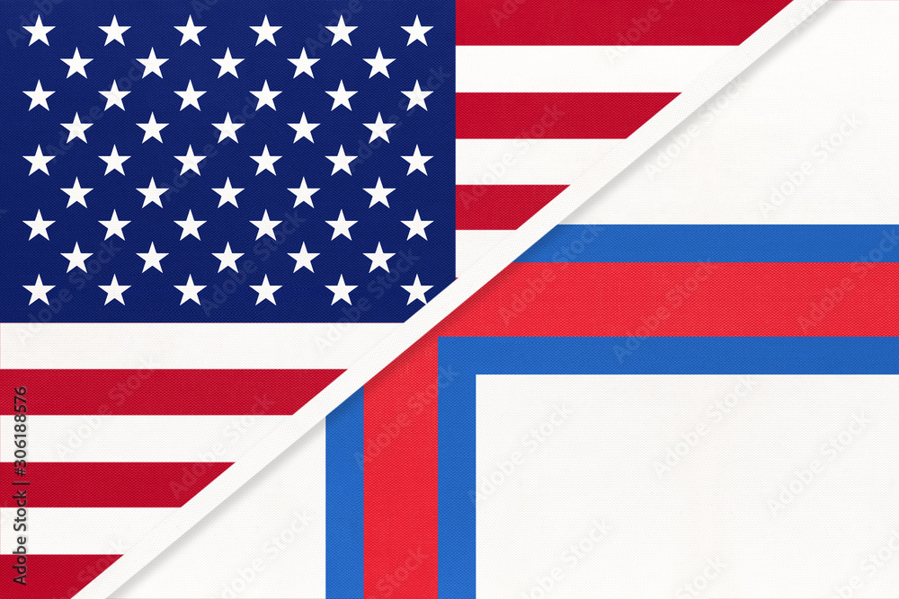 USA vs Faroe Islands national flag from textile. Relationship between american and european countries. USA vs Faroe Islands national flag from textile. Relationship between american and european countries.