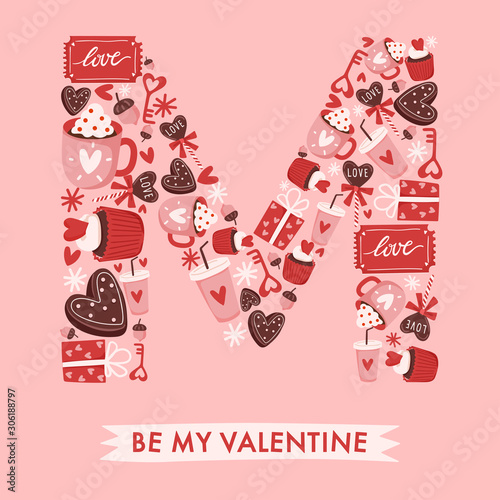 Holiday Alphabet collection for card design : Valentine elements forming a shape of uppercase letter : Vector Illustration 