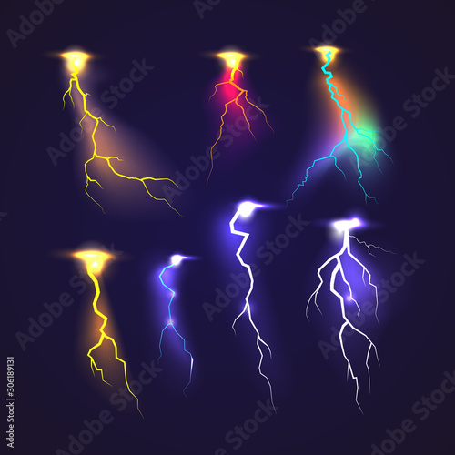 Lightning electric thunder storm light flash. Vector realistic lightning rain weather thunderbolt on black transparent background. Neon color energy electricity light flash or spark burst effect.