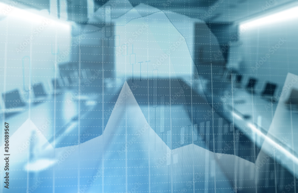 Stock exchange graph on empty blurred meeting room in company office Stock exchange graph on empty blurred meeting room in company office