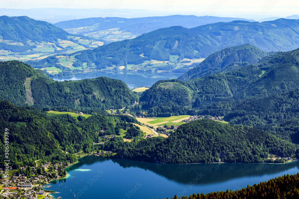 Lake and green mountains in Zwolferhorn Austria.