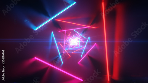 Abstract futuristic corridor with triangles, colorful laser neon lines, geometric endless tunnel