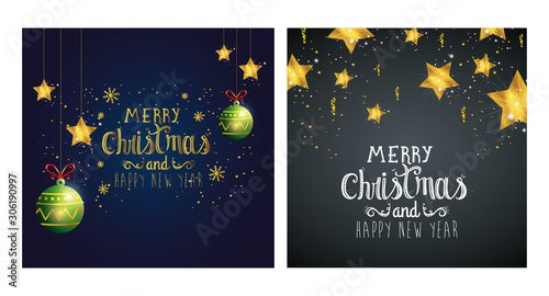 set poster of merry christmas and happy new year with decoration vector illustration design