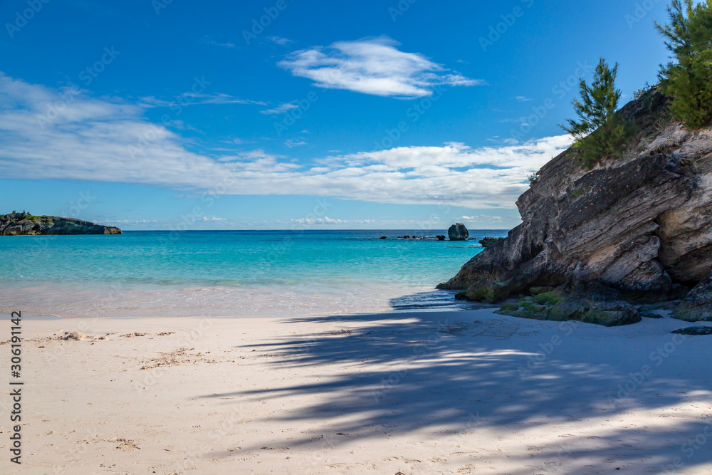 Looking out over the ocean from the sandy beach, at Horseshoe Bay on the Island of Bermuda
