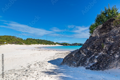 Looking out over the ocean from the sandy beach, at Horseshoe Bay on the Island of Bermuda