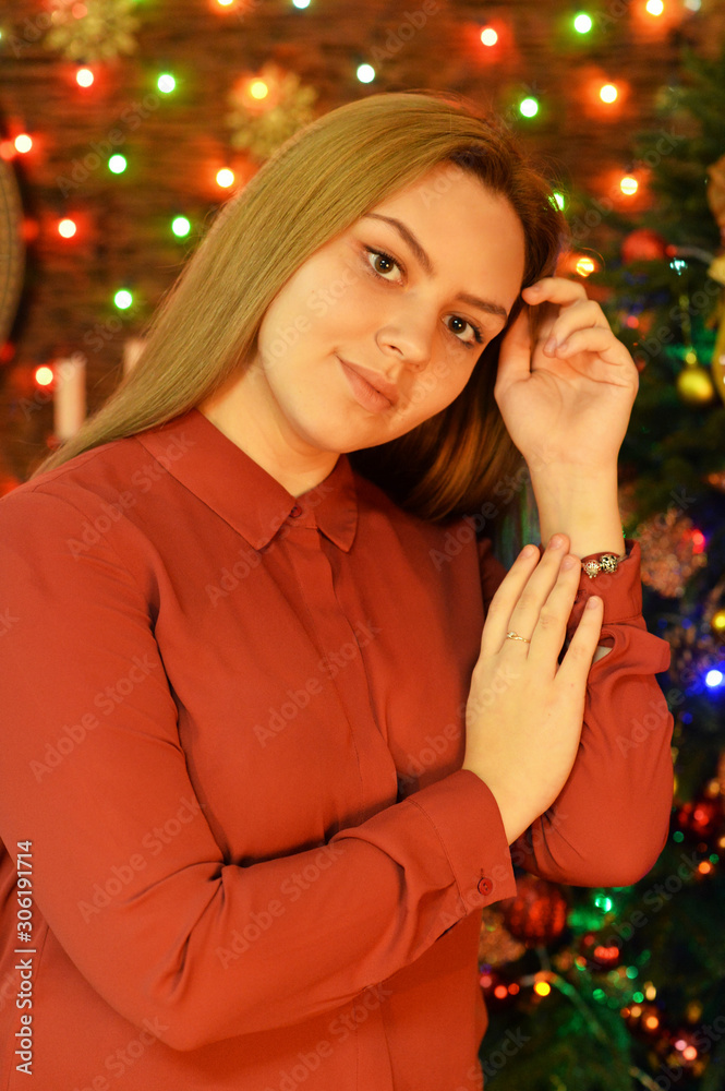 Beautiful young woman posing in room decorated to Christmas holiday Beautiful young woman posing in room decorated to Christmas holiday