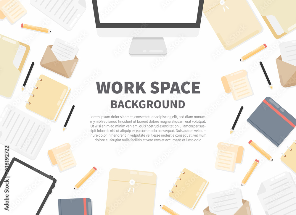 Top view of workplace background with desktop computer, document file, tablet, notebook, paper, envelope, pen, pencil. Set of Flat vector design illustration of modern business office and workspace. Top view of workplace background with desktop computer, document file, tablet, notebook, paper, envelope, pen, pencil. Set of Flat vector design illustration of modern business office and workspace.