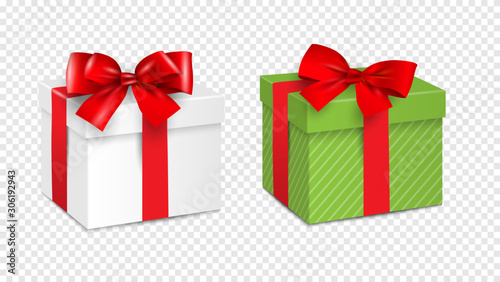 Gift white box and Green gift box with red ribbon isolated on transparent background photo