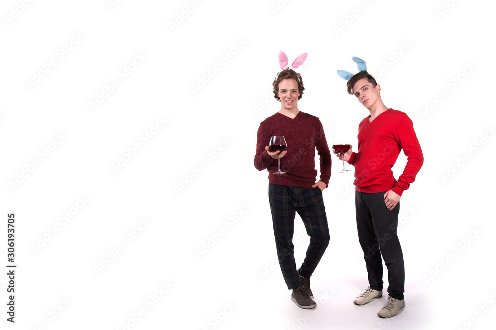 Easter. Two funny young guys. White background. Easter. Two funny young guys. White background.