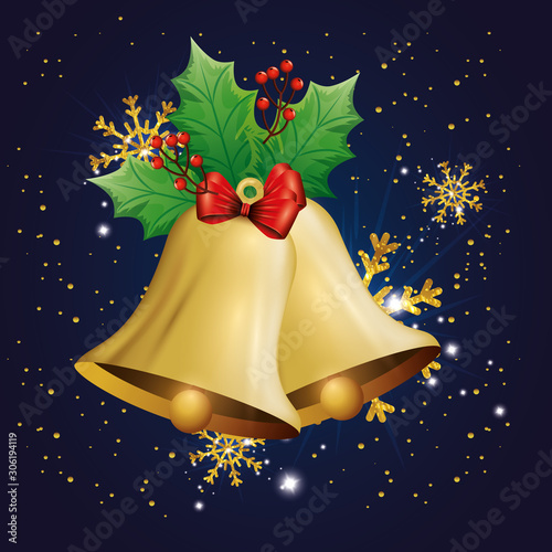 bells christmas with ribbon and snowflakes vector illustration design
