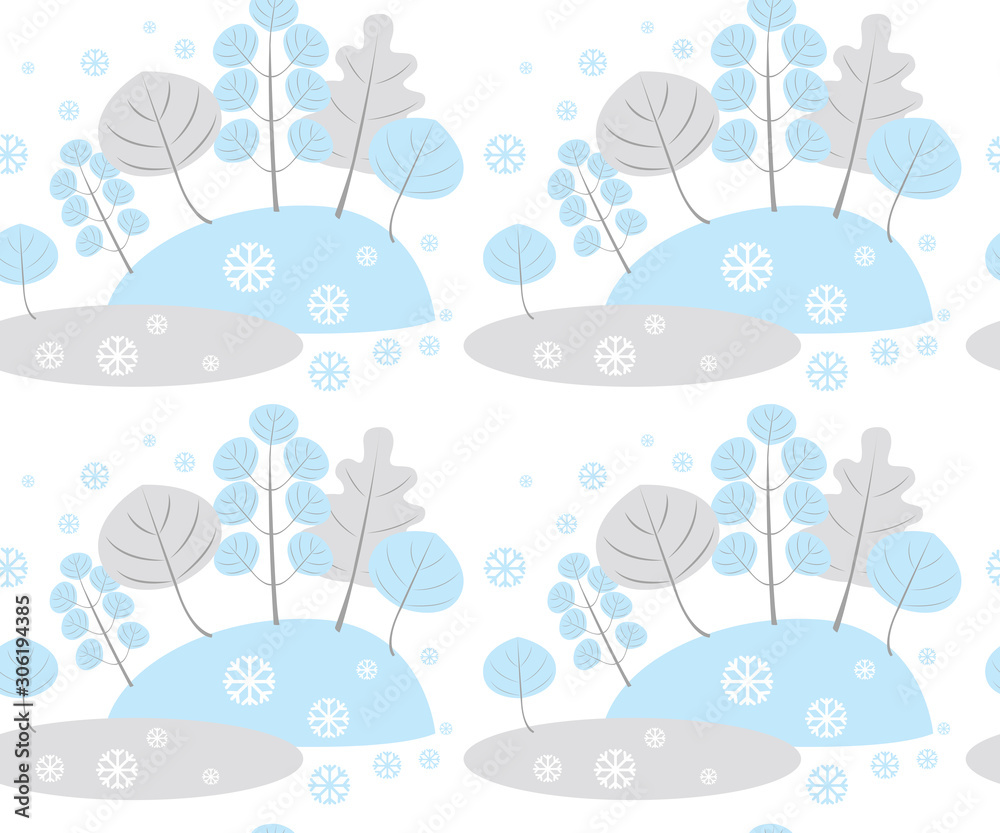 Seamless background with winter forest for fabric, card, website. landscape with trees. It is snow. Vector modern flat illustration isolated on white background.