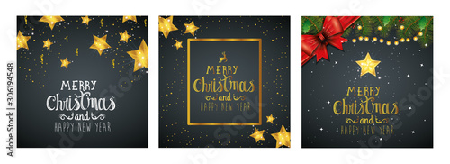 set poster of merry christmas and happy new year with decoration vector illustration design