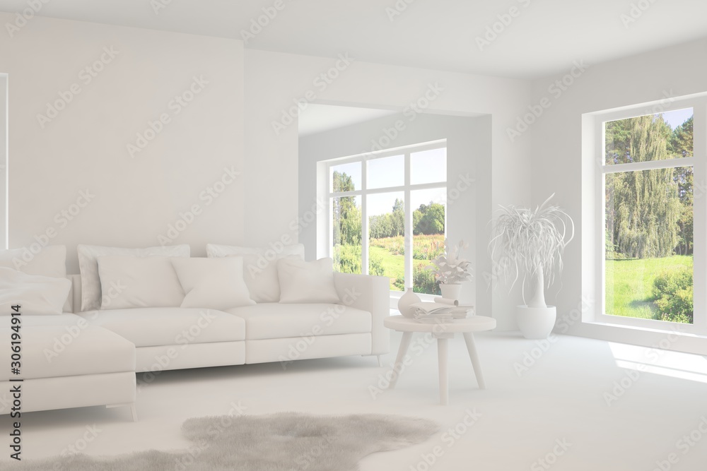 Mock up of stylish room in white color with sofa and green landscape in window. Scandinavian interior design. 3D illustration