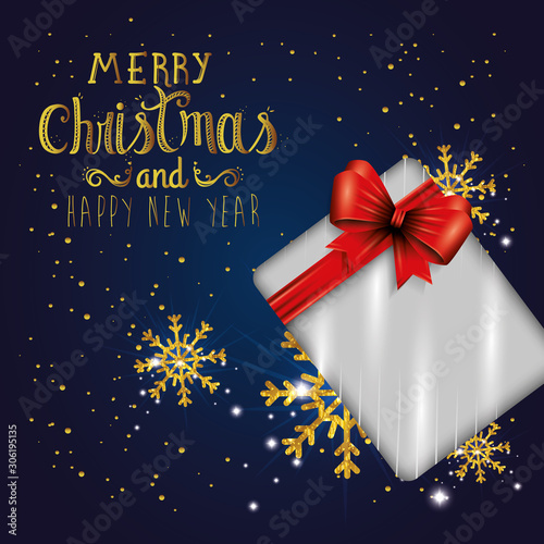 poster of merry christmas and happy new year with gift box vector illustration design