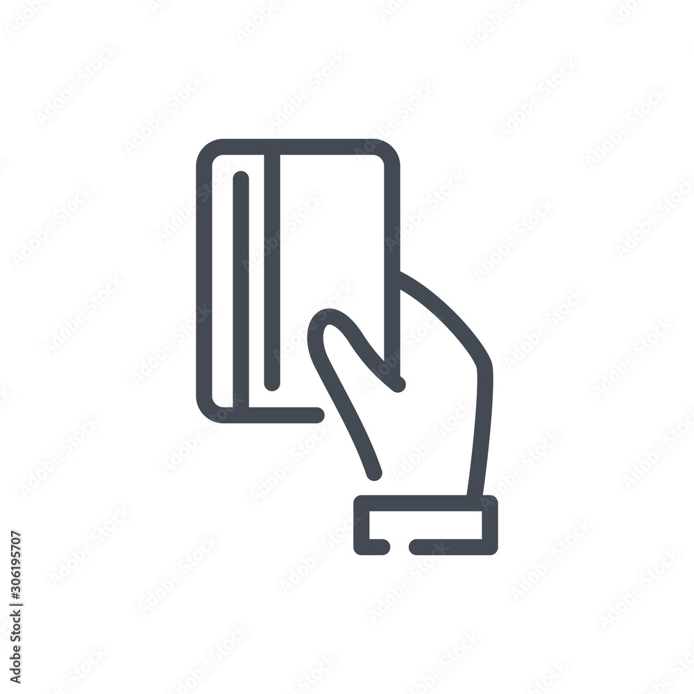 Credit card payment line icon. Hand holding a credit card vector outline sign. Credit card payment line icon. Hand holding a credit card vector outline sign.