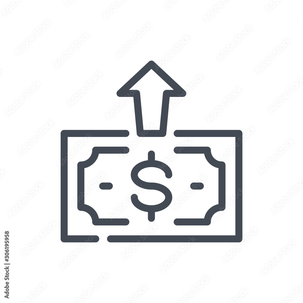 Send money line icon. Dollar note with arrow up vector outline sign. Send money line icon. Dollar note with arrow up vector outline sign.