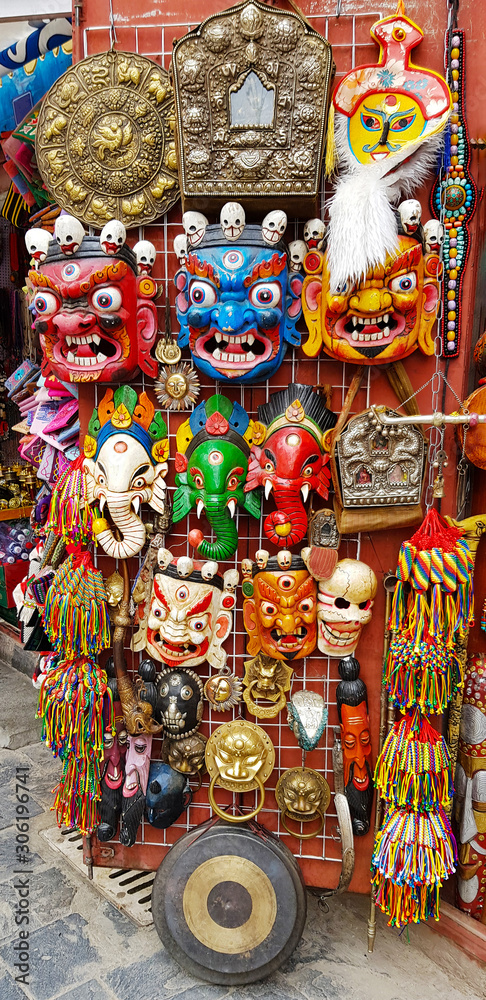 Souvenirs of traditional tibetan wooden masks in Lhasa, Tibet - China.