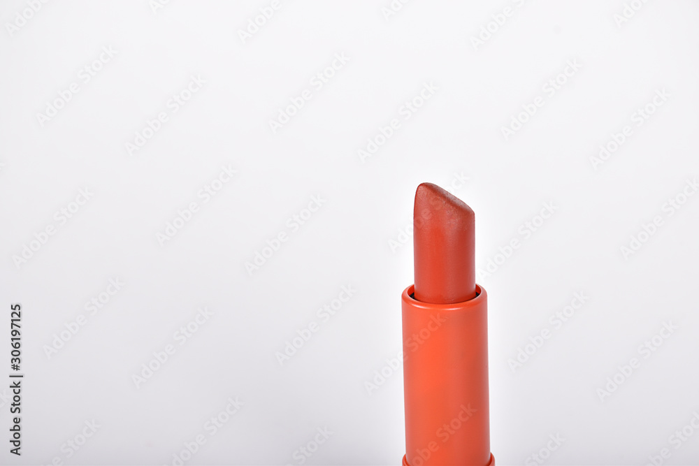 on white background isolated red lipstick, girl product for make up on white background isolated red lipstick, girl product for make up