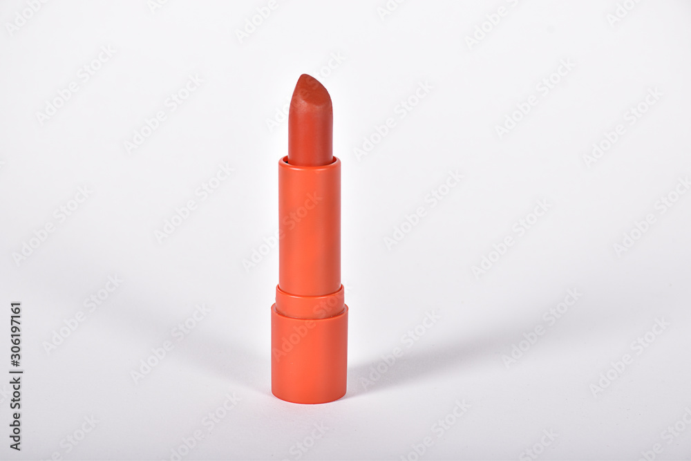 on white background isolated red lipstick, girl product for make up on white background isolated red lipstick, girl product for make up