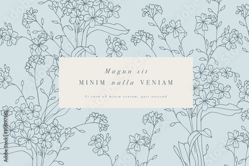Vintage card with forget me not flowers. Floral wreath. Flower frame for flowershop with label designs.