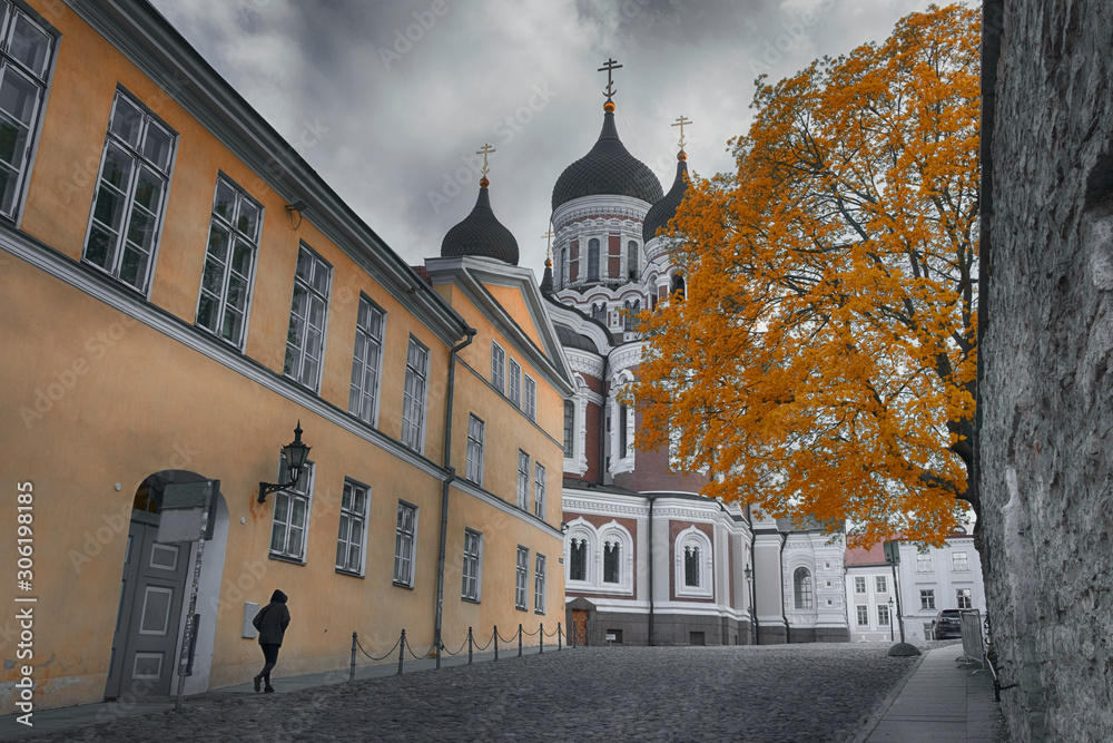 view of Alexander, Nevsky Cathedral from Tallinn street, Estonia, autumn, day,
