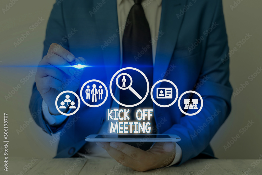 Writing note showing Kick Off Meeting. Business concept for getting fired from your team private talking about company - obrazy, fototapety, plakaty 