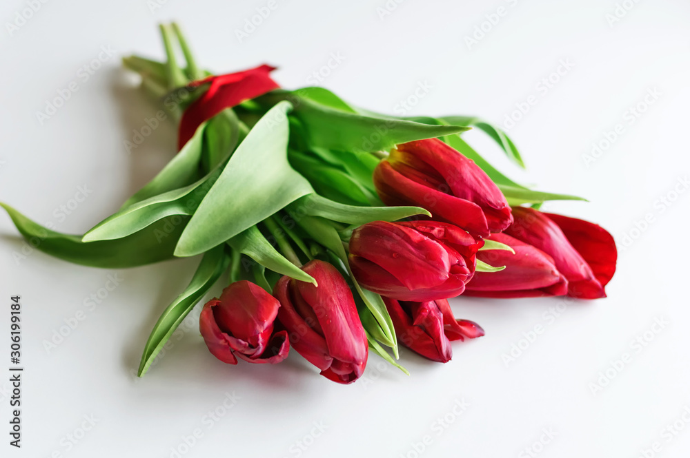 Bouquet of red tulips with a red ribbon on a white background. View from above. Selective focus. Bouquet of red tulips with a red ribbon on a white background. View from above. Selective focus.