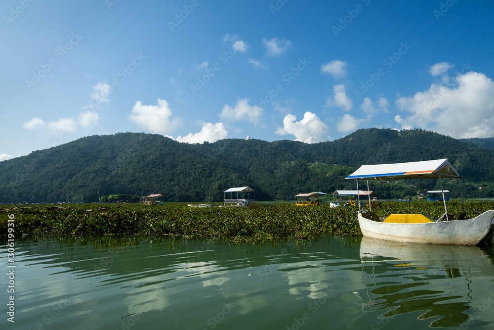 Fototapeta premium Catamarans with awnings are tied near a pier in the grass to the shores of Lake Feva, in Pokhara (Nepal). On the opposite shore Anadu Hill and Shanti Stupa (Peace Pagoda) on it