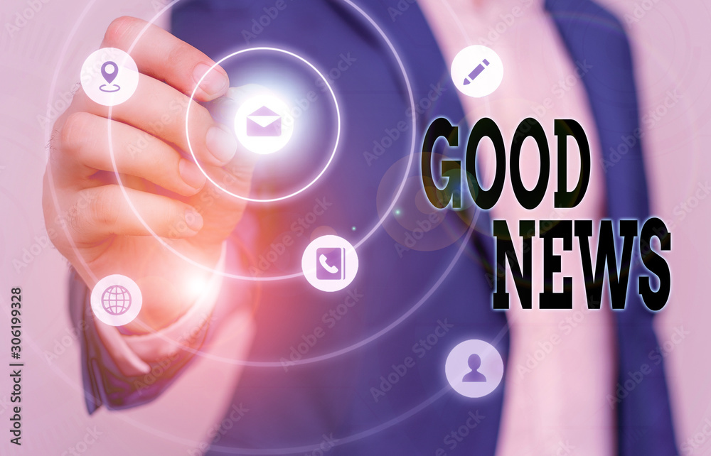 Obraz premium Text sign showing Good News. Business photo text Someone or something positive Encouraging uplifting or desirable