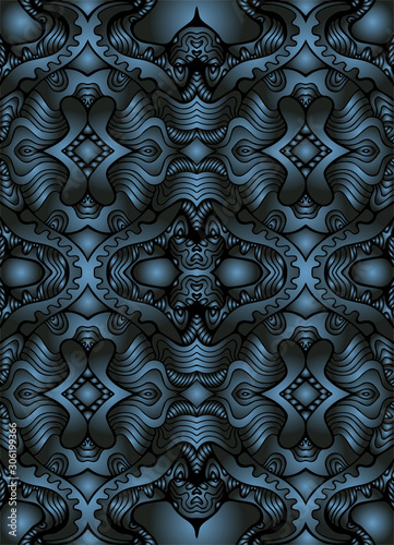 Fantastic surreal abstract maze ornament background, cyan and dark silver metallic gradient color.