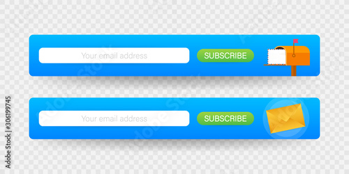 Email subscribe, online newsletter vector template with mailbox and submit button. Vector stock illustration.