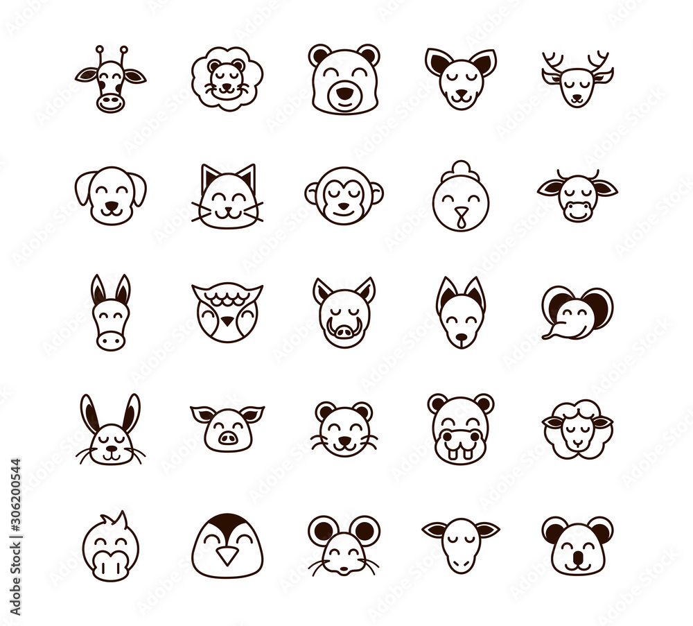 cute face animals cartoon icons set thick line Stock Vector | Adobe Stock