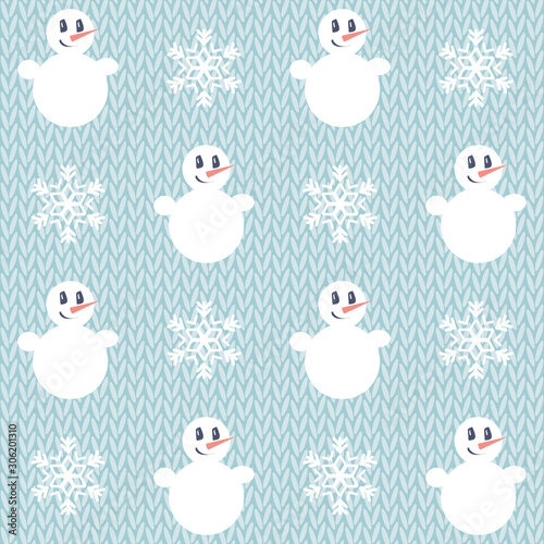 Fototapeta Naklejka Na Ścianę i Meble -  Christmas pattern. Seamless vector illustration with snowman and snowflakes, knitted background