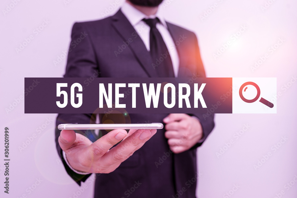 Handwriting text 5G Network. Conceptual photo greatly increase the speed and responsiveness of wireless network Male human wear formal work suit hold smart hi tech smartphone use one hand Handwriting text 5G Network. Conceptual photo greatly increase the speed and responsiveness of wireless network Male human wear formal work suit hold smart hi tech smartphone use one hand
