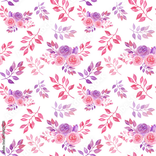 Wallpaper Mural Watercolor pattern with Pink purple roses.  Torontodigital.ca