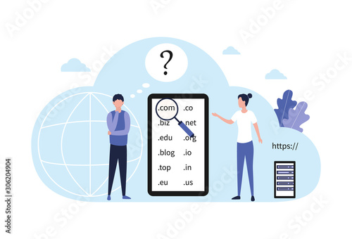 Concept choice domain name registration. A pensive man with a hand near the sub-gate decides which domain to choose for his website, online store, blog, landing page. Flat vector illustration isolated