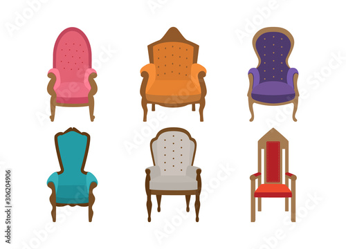 Set of multi-colored thrones chairs. A collection of 6 soft comfortable chairs in a vintage antique style. Design elements, accessories. Flat vector illustration isolated on white background.