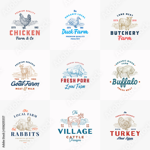Premium Cattle and Poultry Farm Retro Badges or Logo Templates Set. Hand Drawn Domestic Animals and Farm Landscapes Sketches with Retro Typography. Vintage Emblems Bundle.