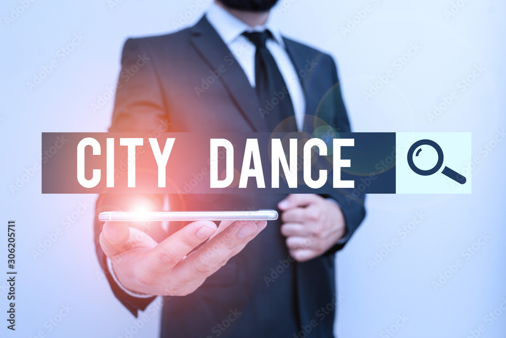 Handwriting text City Dance. Conceptual photo activity of dancing for pleasure or in order to entertain others Male human wear formal work suit hold smart hi tech smartphone use one hand Handwriting text City Dance. Conceptual photo activity of dancing for pleasure or in order to entertain others Male human wear formal work suit hold smart hi tech smartphone use one hand