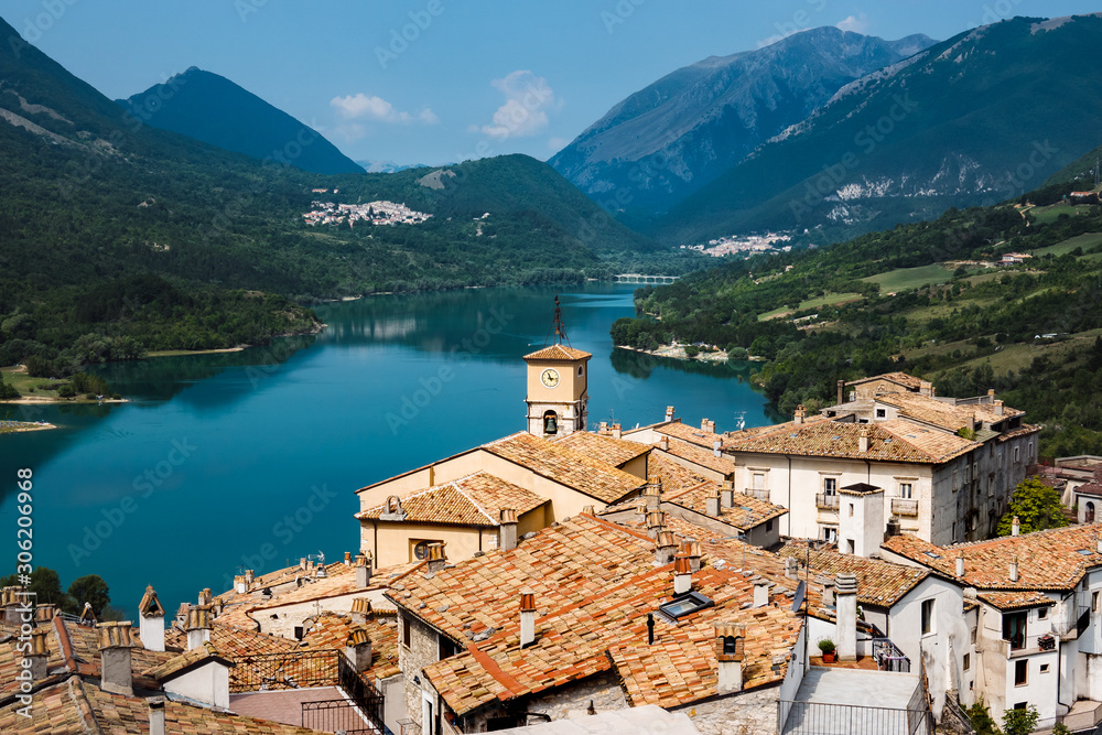 Barrea, Italy: the Historical Typical Village seen from Top, with Mountains and Lake Landscape Panorama
