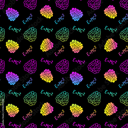 Photo Vector creative seamless pattern with gradient color human brain and Einstein's formula on black background