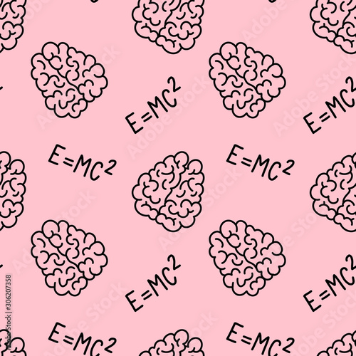 Obraz w ramie Vector creative seamless pattern with human brain and Einstein's formula on pink background.