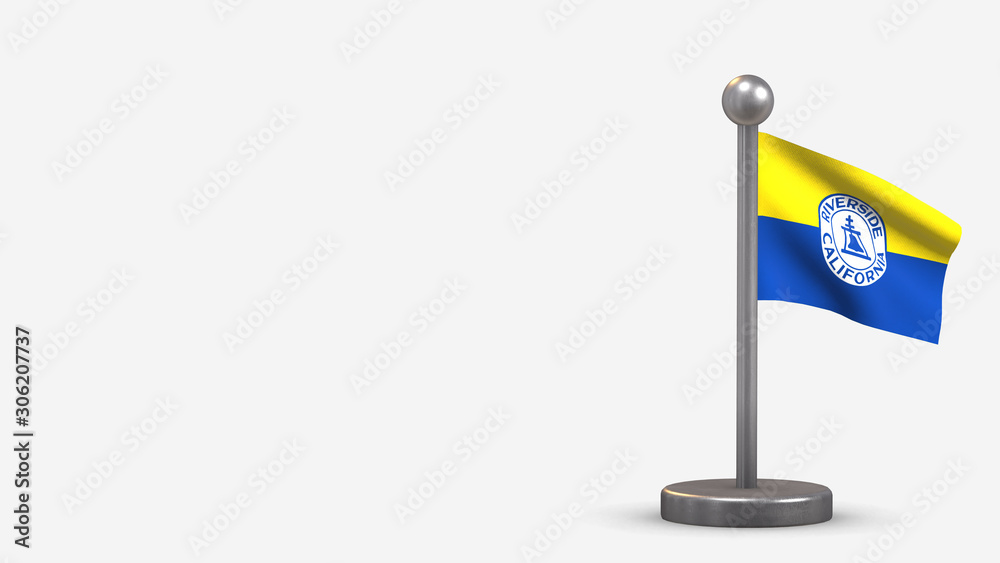 Riverside California 3D waving flag illustration on tiny flagpole.