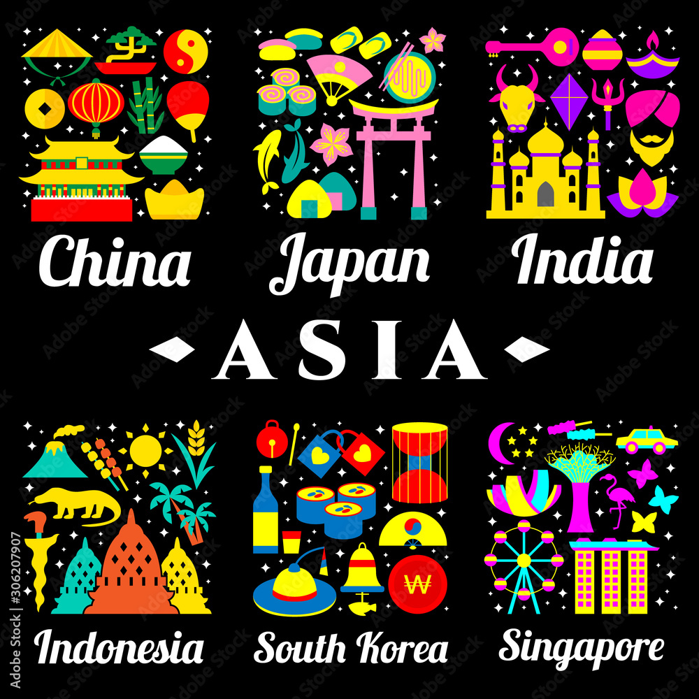 Asia Country logos with icons that are representing the country