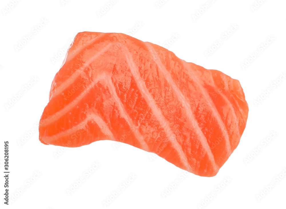 Piece of fresh raw salmon isolated on white. Fish delicacy