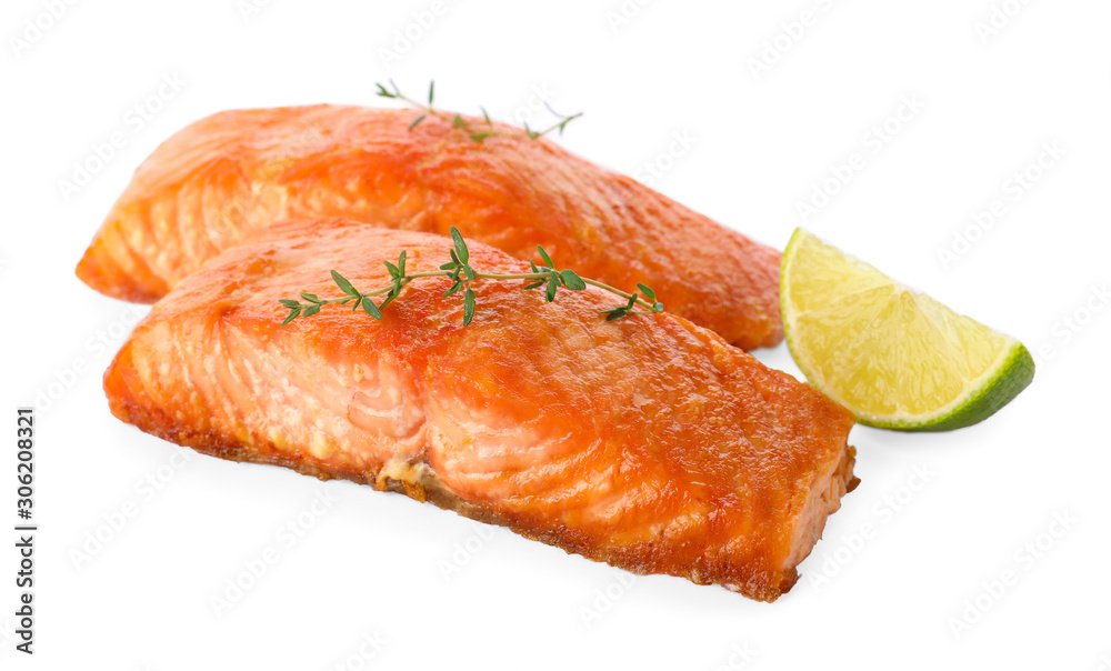 Delicious roasted fish with thyme and lime isolated on white Delicious roasted fish with thyme and lime isolated on white