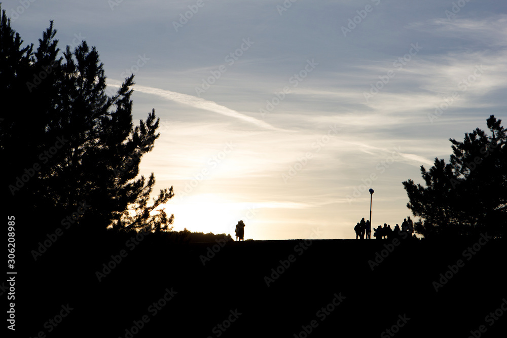 Silhouettes of trees and people on sunset sky background